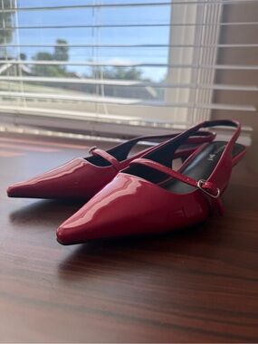 Madden Girl Patent Kitten Heels - Pointed-Toe Slingback Flats in Cherry Red